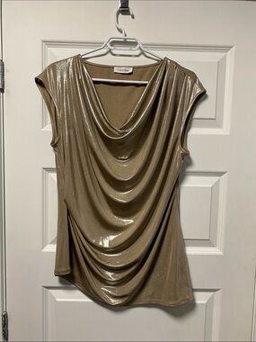 Calvin Klein Shimmery Gold Draped Cowl Neck Top